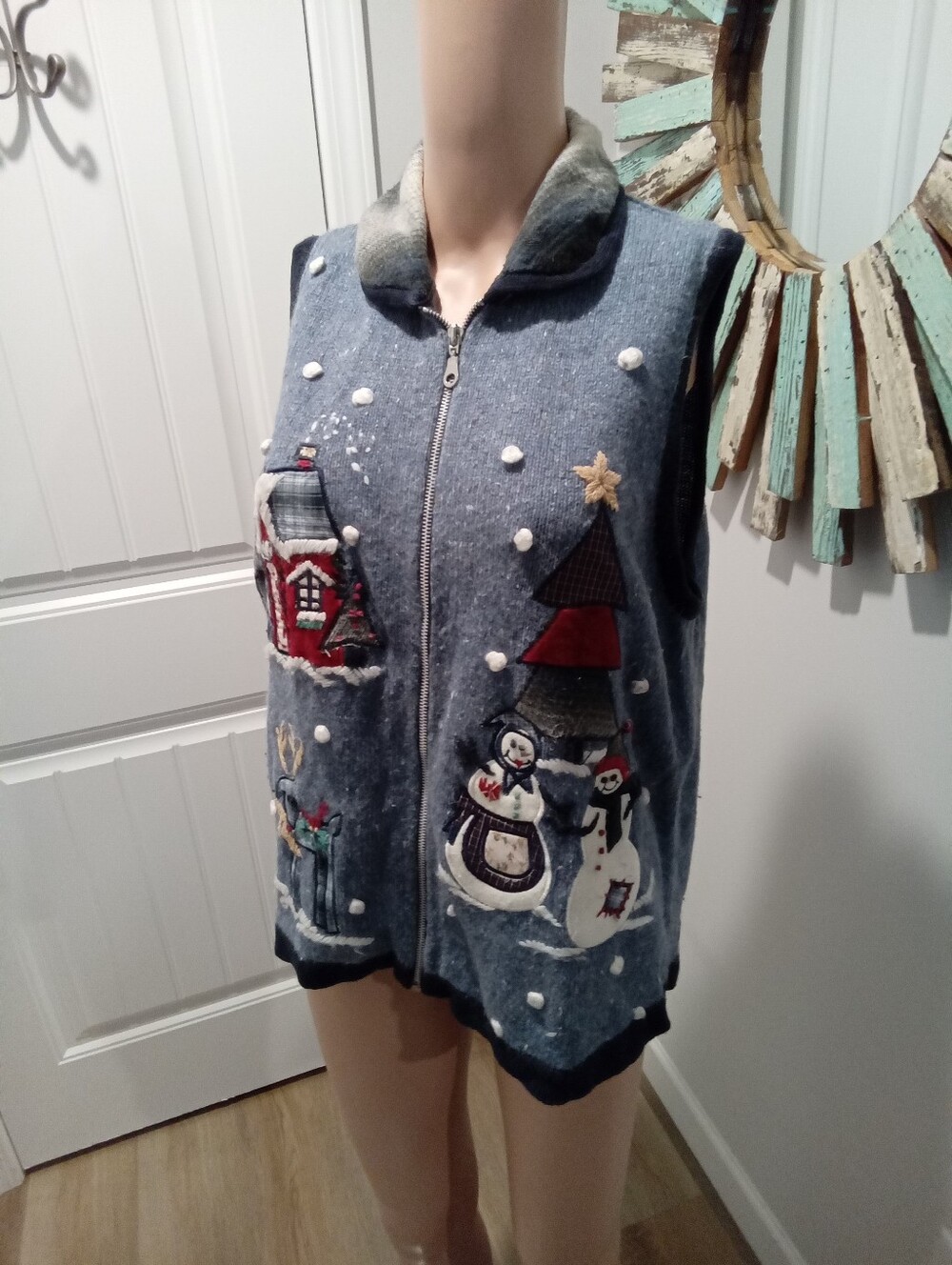 Victoria Jones Size L Snowman Holiday Full Zip Knit Sweater Vest